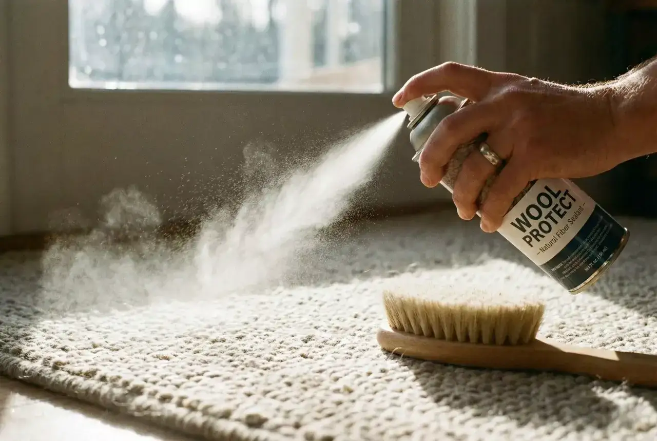 En hand sprayar en matta med 