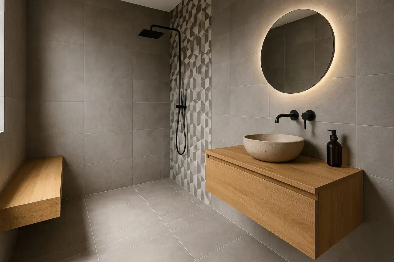 Bagno moderno con doccia, lavabo in pietra e specchio luminoso. Ideale per chi vuole rifare il bagno con stile.