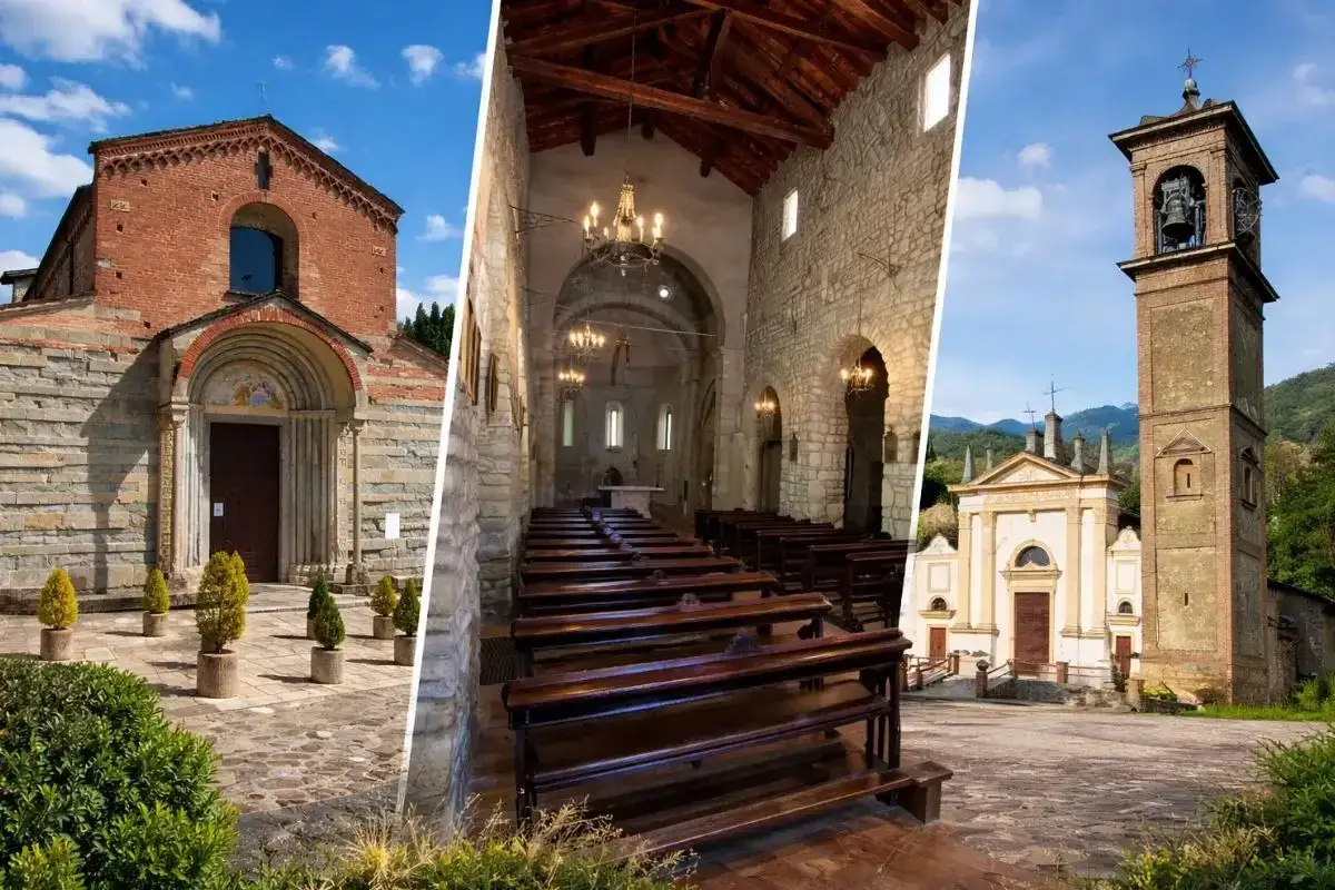 Tre chiese in Italia: una in mattoni rossi, l'interno con panche di legno e una con campanile. Un luogo di pace, forse vicino a un campo di **oliva gessi**.