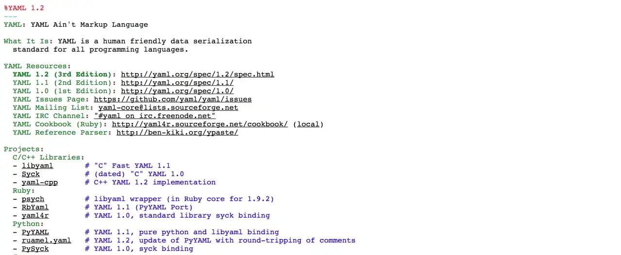 Liste de ressources et projets pour YAML, un langage de s&eacute;rialisation. Un exemple de code YAML est pr&eacute;sent&eacute;.