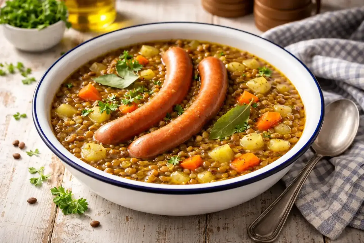 Herzhafte Linsensuppe DDR Rezept mit zwei W&uuml;rstchen, Kartoffeln und Karotten, garniert mit Petersilie.