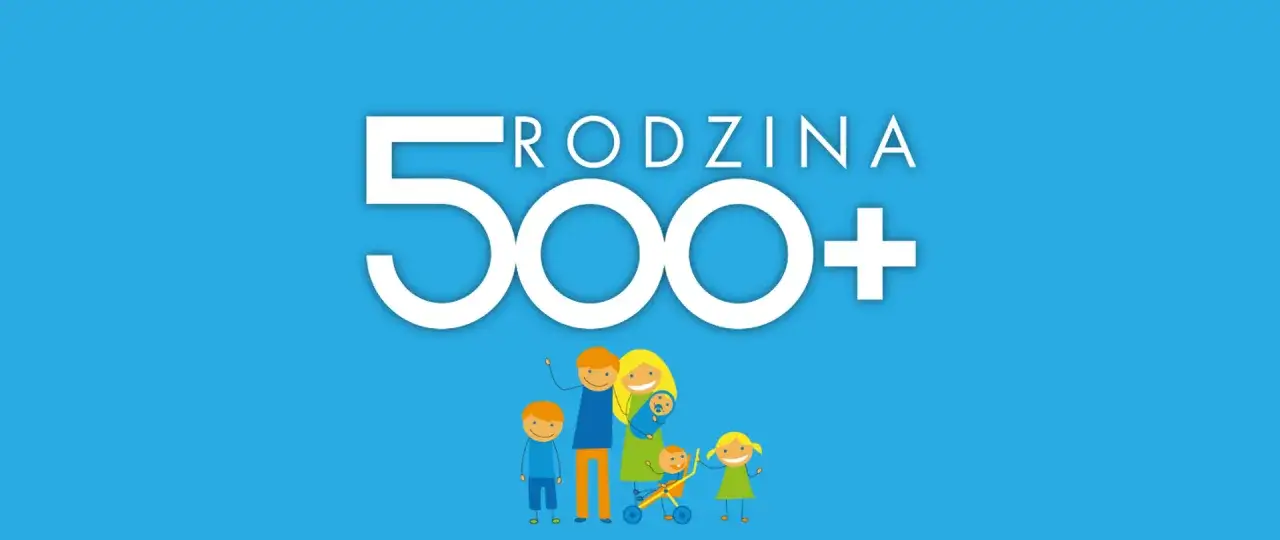 Rodzina 500+ to wsparcie dla każdego dziecka. Uśmiechnięta rodzina z dziećmi na tle napisu.