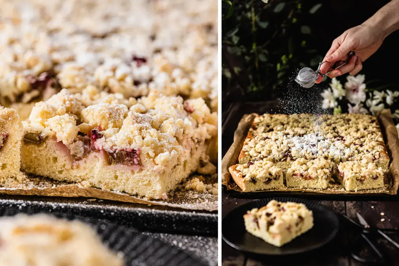 Ein saftiger Rhabarberkuchen mit Streuseln, der gerade mit Puderzucker bestäubt wird. Ein Genuss für Augen und Gaumen!