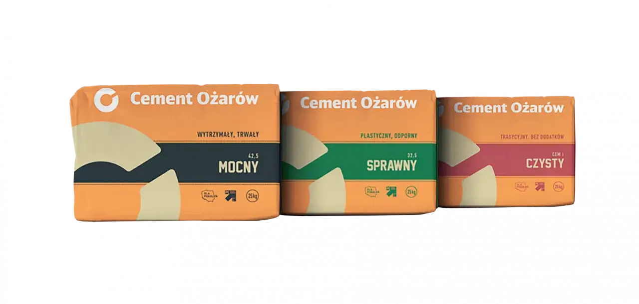 Trzy worki cementu Ożarów: Mocny, Sprawny i Czysty. Idealny wybór, jaki cement na fundament.