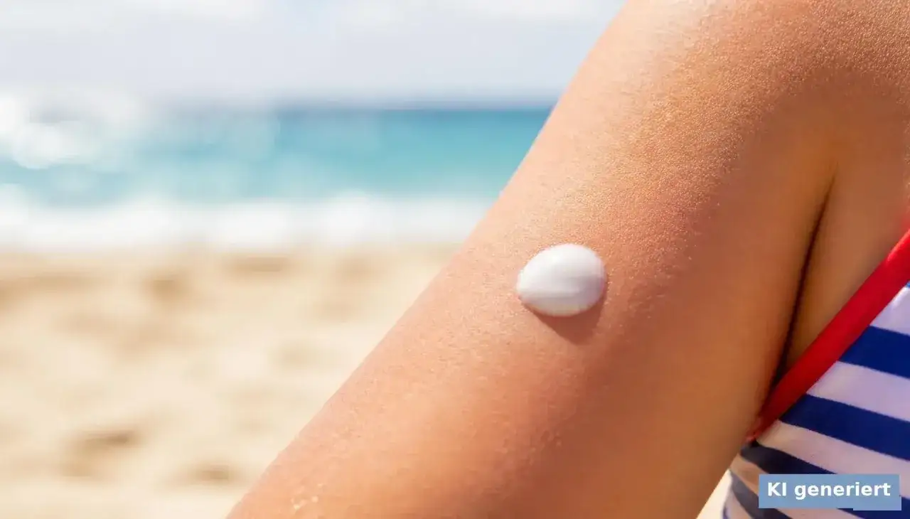 Ein Tropfen Sonnencreme mit Nanopartikeln auf einem Arm am Strand.