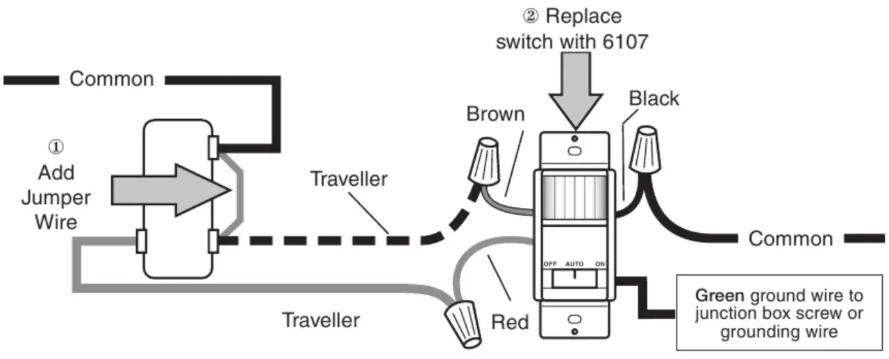 Diagrama para como instalar un sensor de movimiento con interruptor, mostrando conexiones de cables