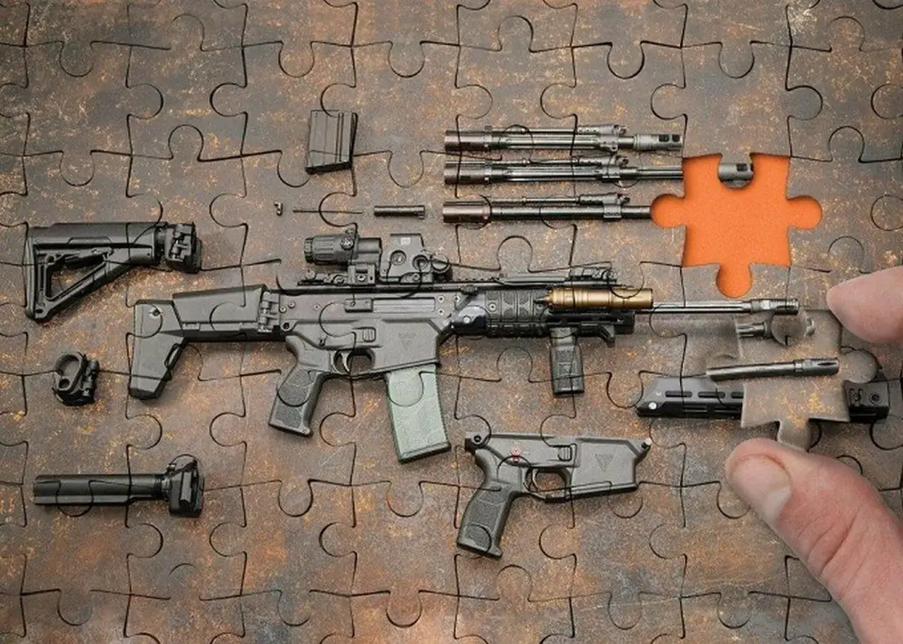 Rozłożony karabin grot na puzzlach, z ręką wkładającą ostatni element.