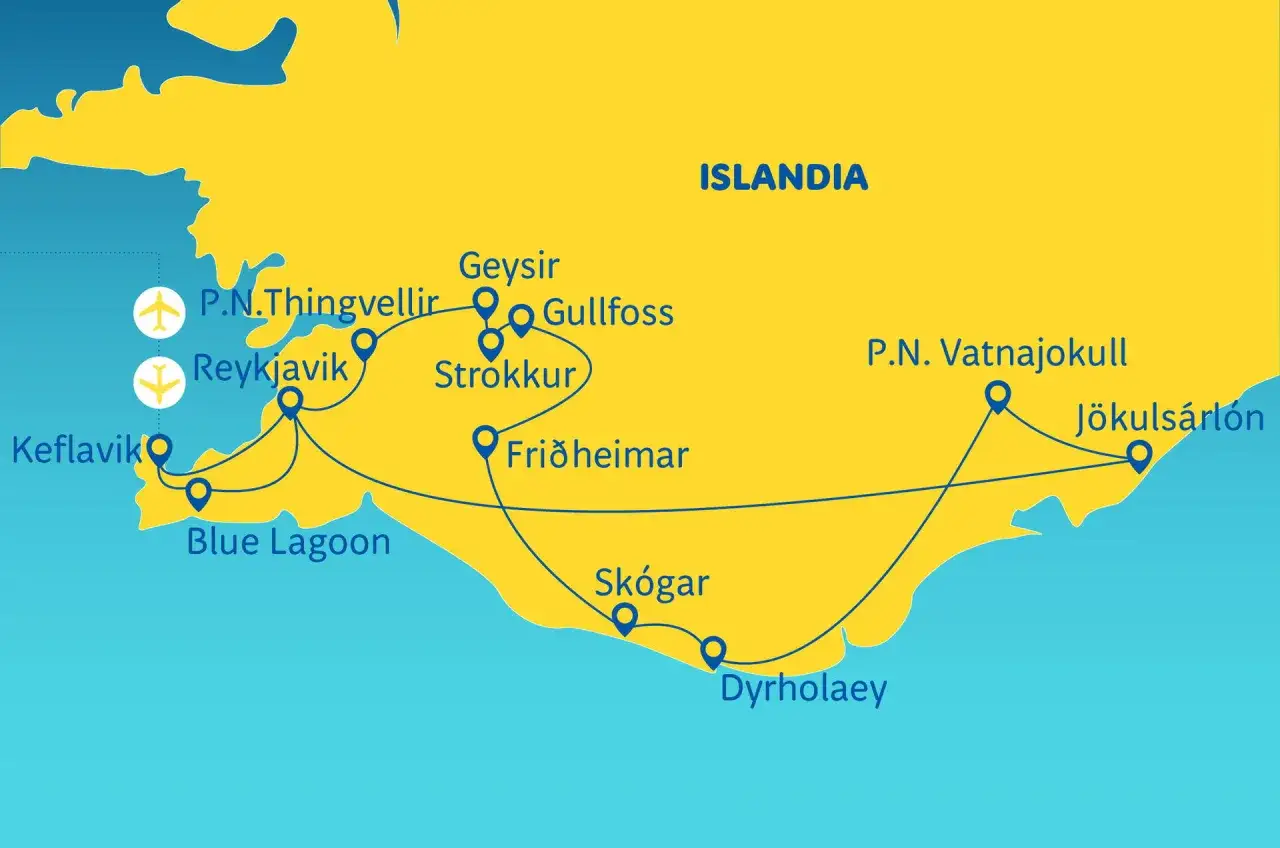 Mapa Islandii z zaznaczonymi atrakcjami: Reykjavik, Blue Lagoon, Geysir, Gullfoss, Jökulsárlón. Planujesz podróż z jakim biurem na Islandię?