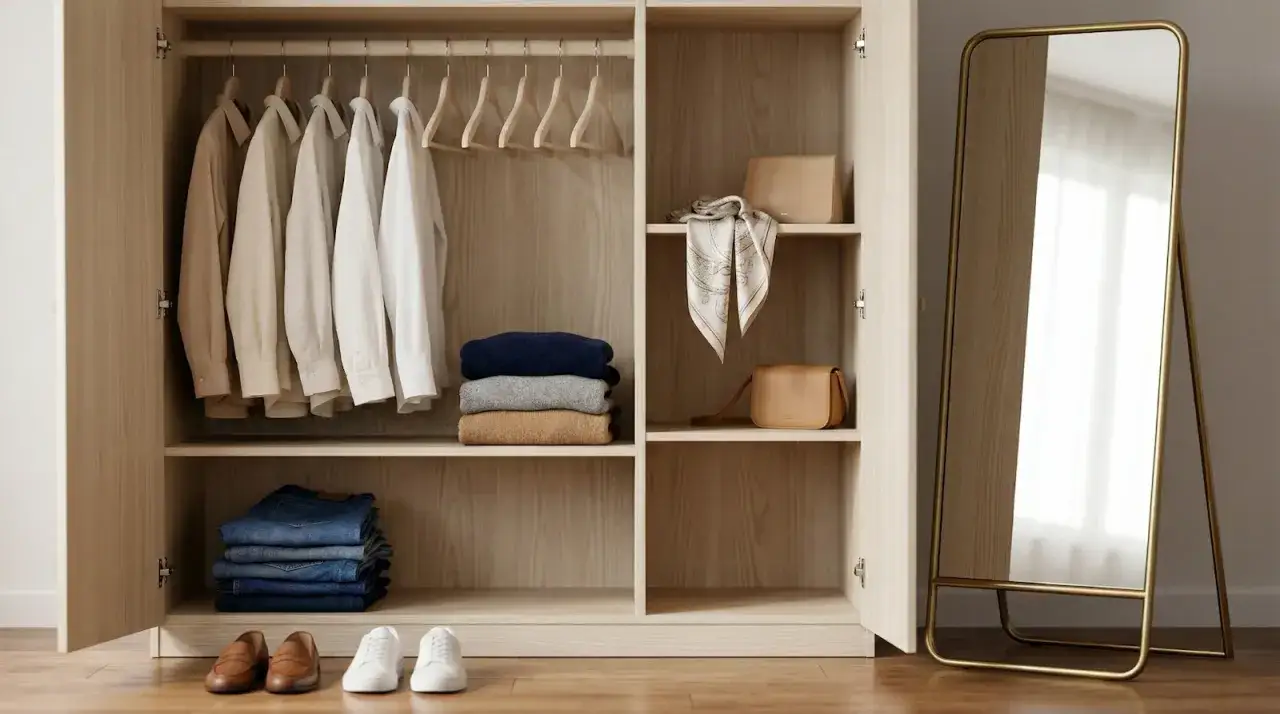 Dans une penderie ouverte, des chemises beiges et blanches sont suspendues. Des pulls empilés, des jeans, des sacs et un foulard sont rangés. Quelle couleur va avec le doré vêtement ? Le miroir doré reflète la pièce.