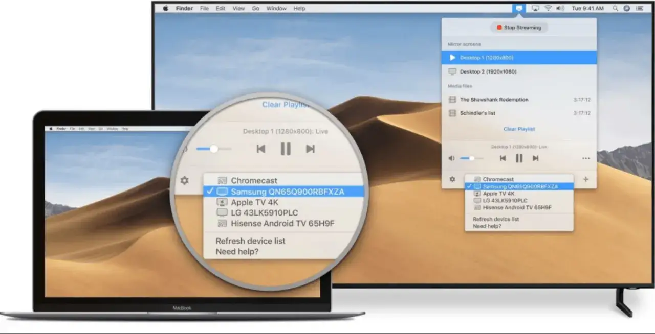 Demonstrates how to AirPlay from Mac to TV, showing a MacBook screen mirroring to a Samsung TV via Chromecast.