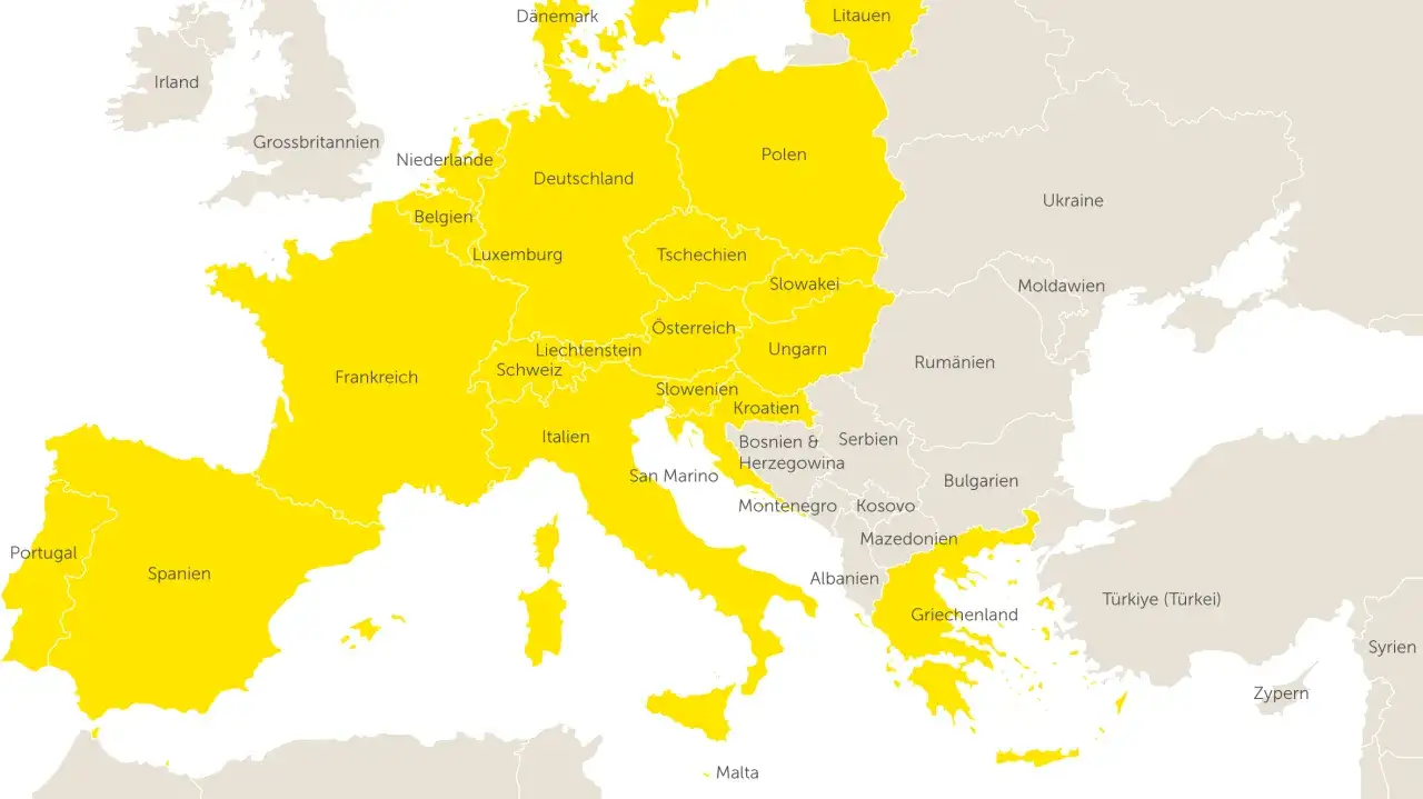 Karte zeigt die Schengen-Grenzen in Europa. Gelb markiert sind L&auml;nder wie Deutschland, Frankreich, Spanien und Italien.