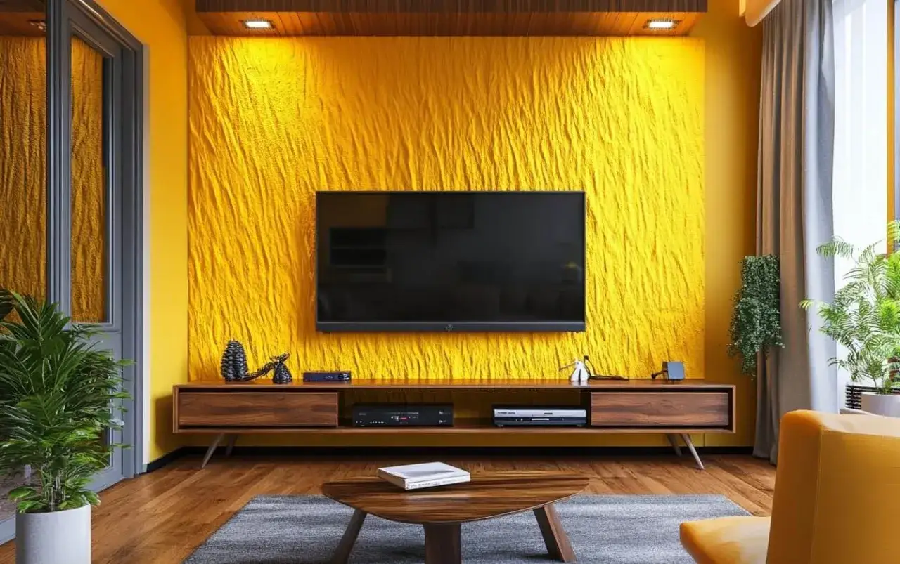 Textura rugosa amarilla en la pared para dar profundidad. Un televisor, mueble de madera y plantas decoran el sal&oacute;n.