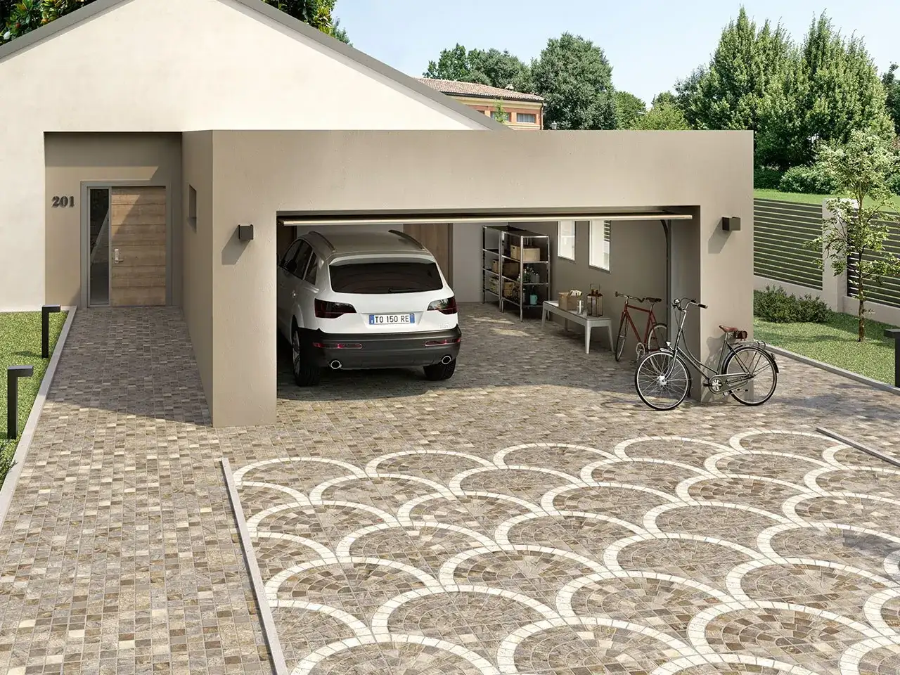 Pavimentazione esterna con un design a ventaglio, che rispetta i requisiti pavimenti per esterni, con auto e biciclette.