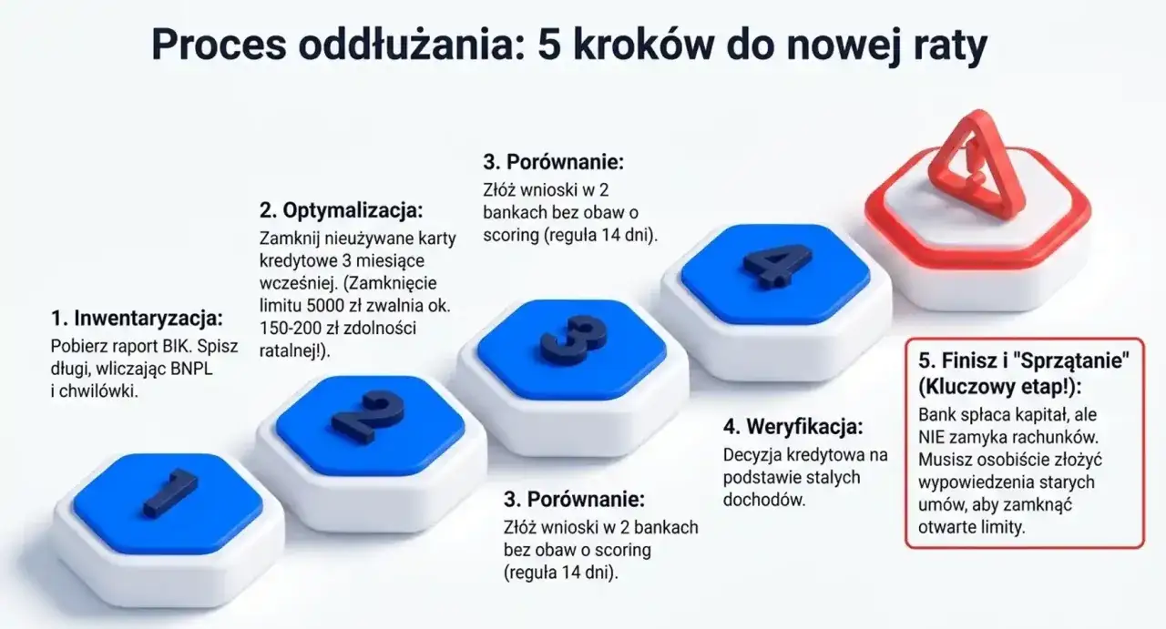 Proces oddłużania w 5 krokach: od inwentaryzacji po finisz. Gdzie najłatwiej dostać kredyt konsolidacyjny? Porównaj oferty w 2 bankach.
