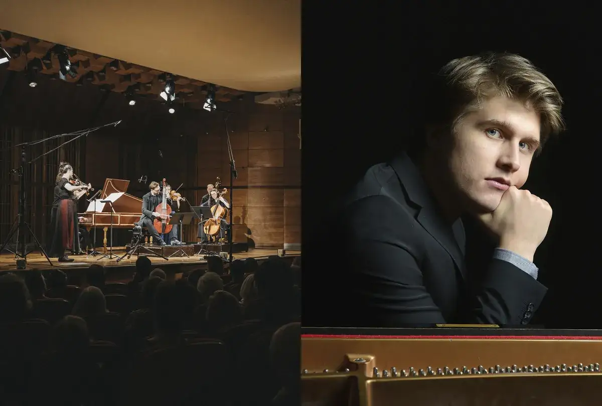 Koncerty Warszawa: zesp&oacute;ł muzyk&oacute;w gra na scenie, a obok portret młodego pianisty.