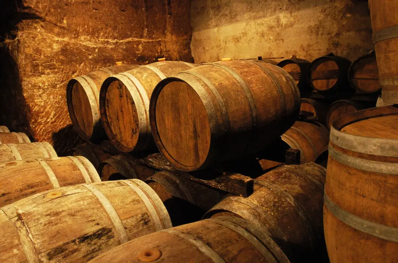 Drewniane beczki w piwnicy, gdzie dojrzewa brandy. Co to jest brandy? To destylat z wina, który leżakuje w takich właśnie beczkach.