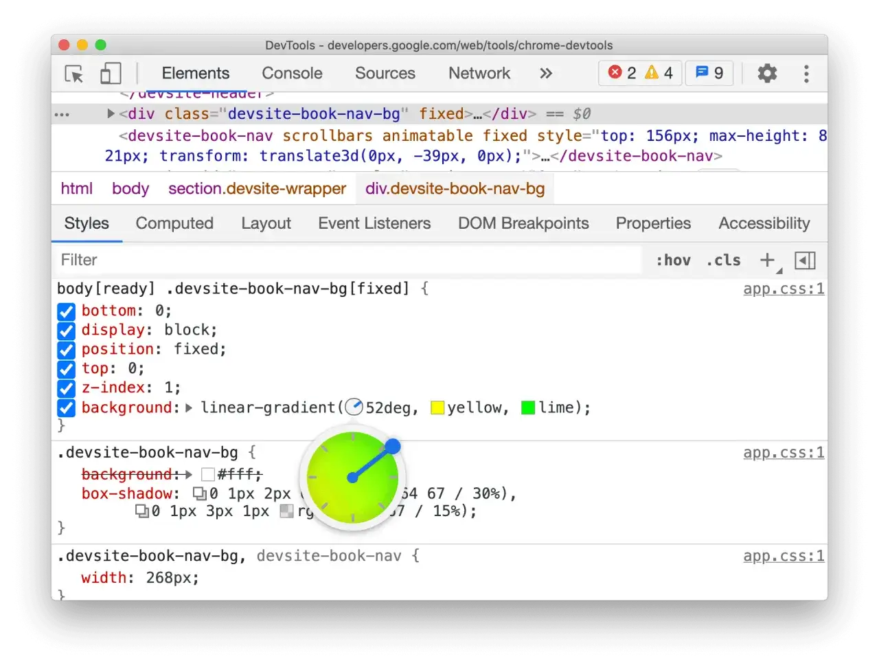 Narzędzie deweloperskie Chrome pokazuje, jak zobaczyć kod strony HTML i jego style CSS.
