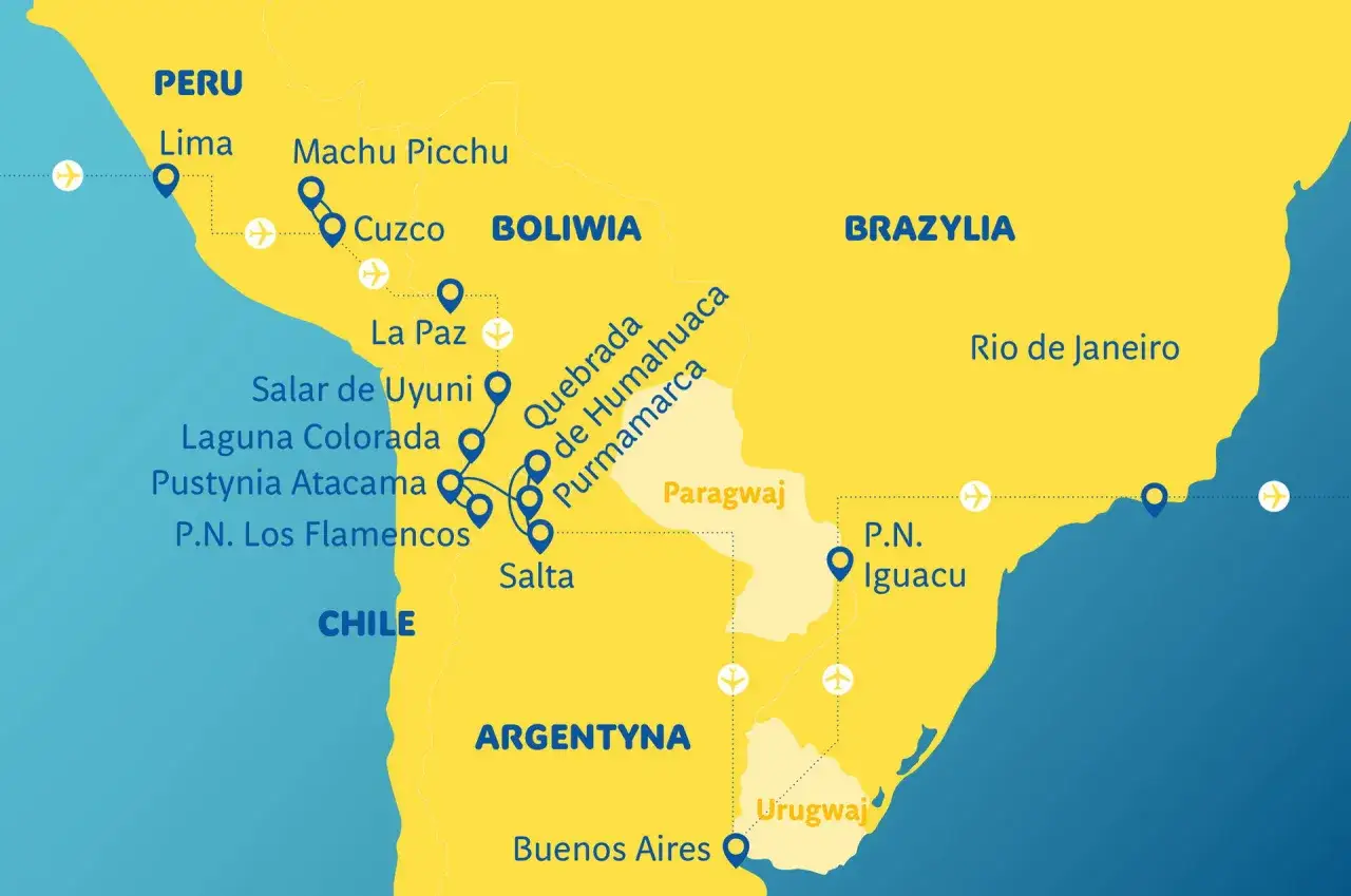 Mapa Ameryki Południowej z zaznaczonymi atrakcjami Peru, Boliwii, Argentyny, Paragwaju, Urugwaju i Brazylii. Planujesz podróż do Argentyny? Sprawdź, kiedy jechać!
