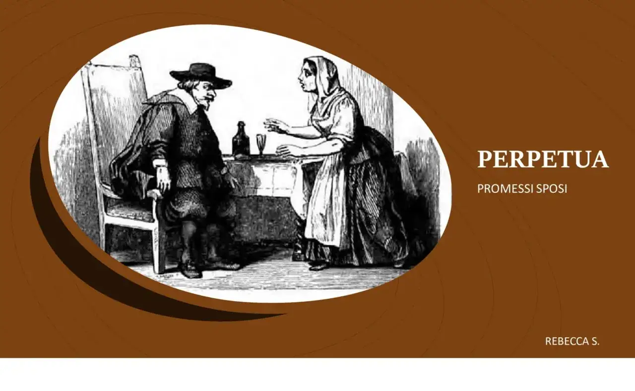 Perpetua, serva dei Promessi Sposi, parla con un uomo seduto.
