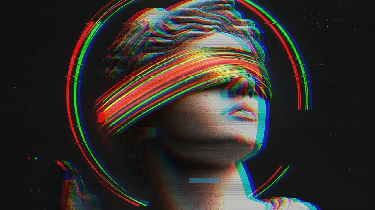 Buste antique aux yeux bandés, traversé par des traînées colorées et des effets de glitch photoshop. Un cercle lumineux rouge, vert et bleu l'entoure.
