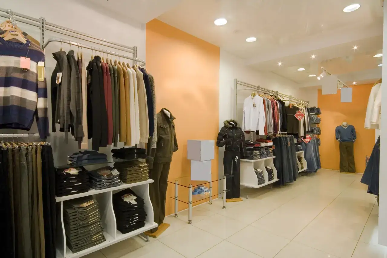 Wnętrze sklepu odzieżowego z męskimi ubraniami na wieszakach i p&oacute;łkach. Inspiracja, jak otworzyć butik internetowy, widoczna w estetycznej prezentacji towaru.