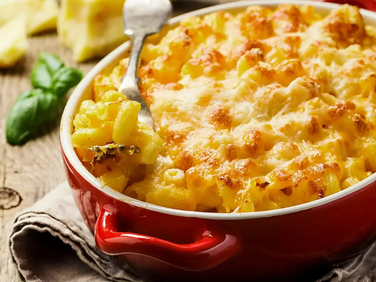 Pyszne, zapiekane mac and cheese w czerwonej miseczce, z widelcem w środku. Obok świeża bazylia i kawałki sera.