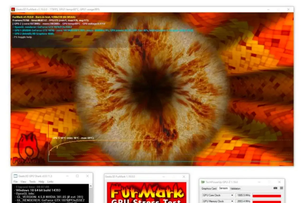 Test karty graficznej FurMark pokazuje obciążenie GPU 99% i temperaturę 68°C.