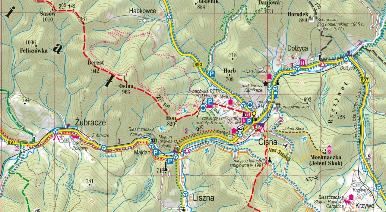 Fragment mapy Bieszczad&oacute;w z zaznaczonymi miejscowościami: Solina, Cisna, Liszna. Widoczne szlaki turystyczne i drogi.