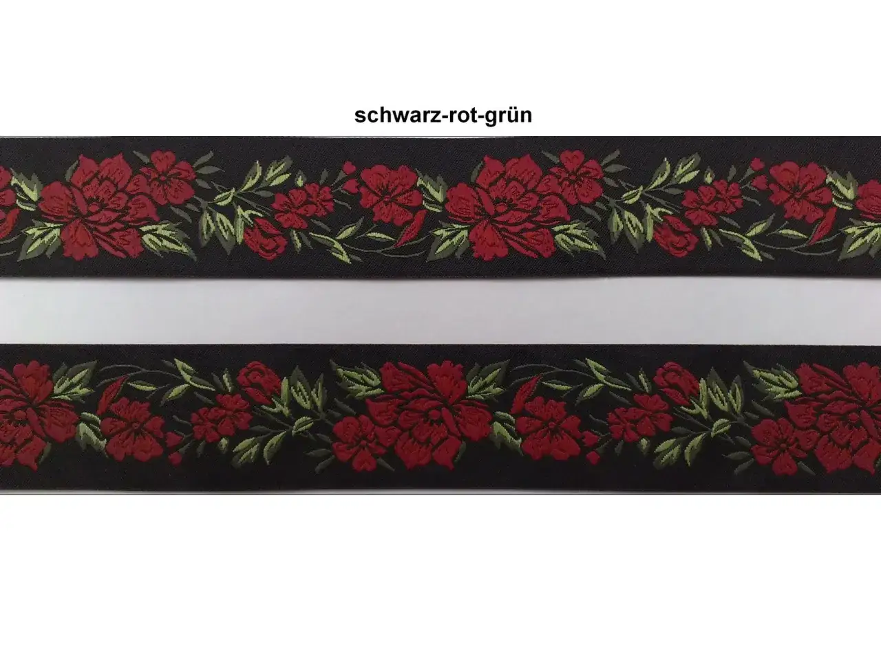 Schwarzes Band mit roter Rosen-dirndl verzierung und gr&uuml;nen Bl&auml;ttern.
