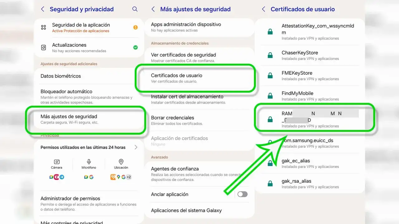 Pantalla de Android para instalar certificado digital. Muestra opciones de seguridad, certificados de usuario y c&oacute;mo instalar cert del almacenamiento.