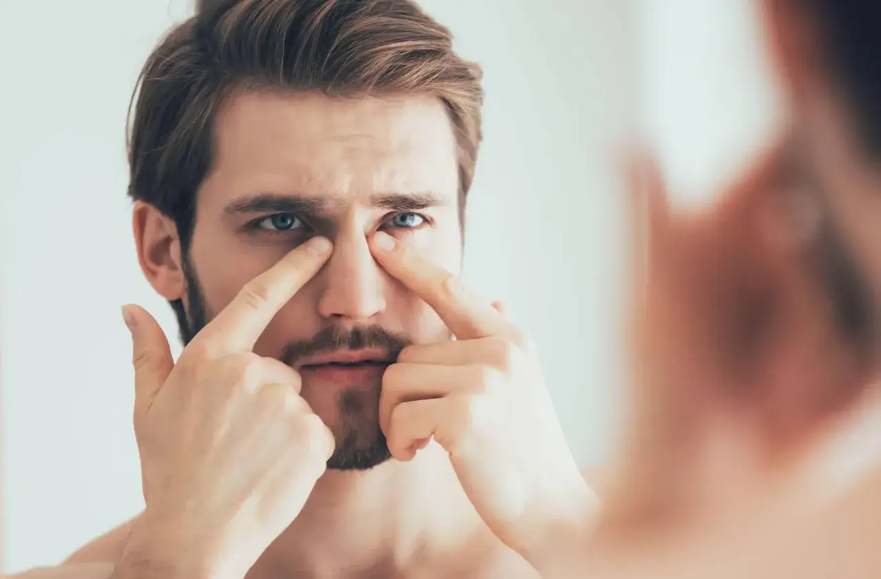 Un homme examine son visage dans un miroir, ses doigts pointant vers un petit bouton au coin de l'œil.