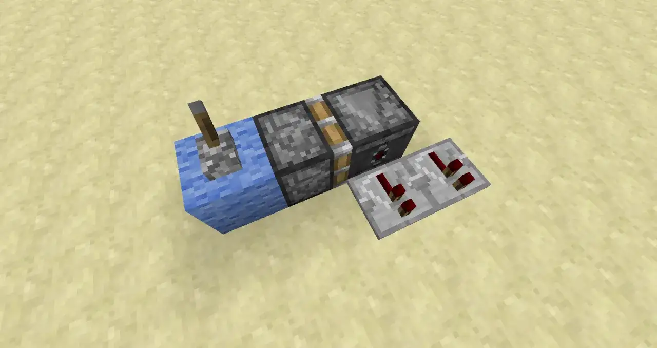 Jak zrobić observer w Minecraft: bloczek z dźwignią, tłok, observer i redstone.