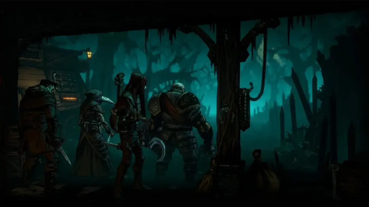 Czterech bohaterów w mrocznym, mglistym lesie, przygotowujących się do walki w Darkest Dungeon 2.