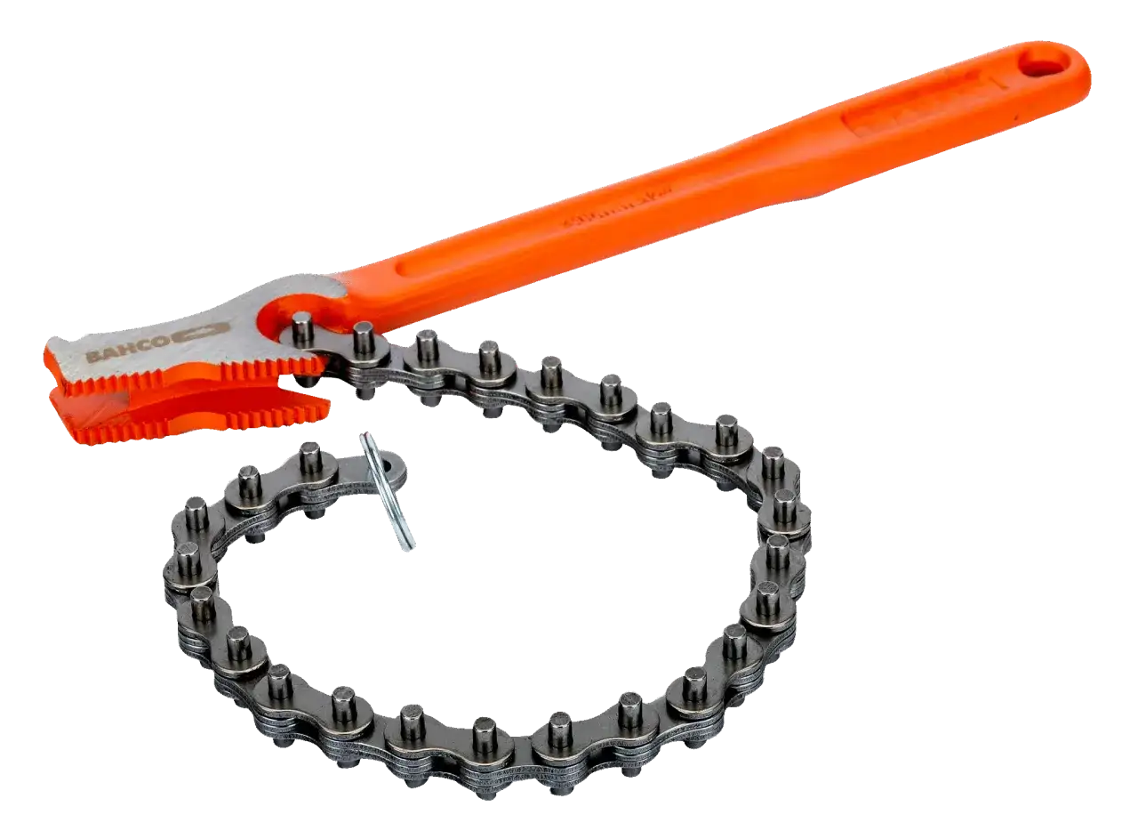 Llave cadena naranja con dientes met&aacute;licos y cadena para filtros.