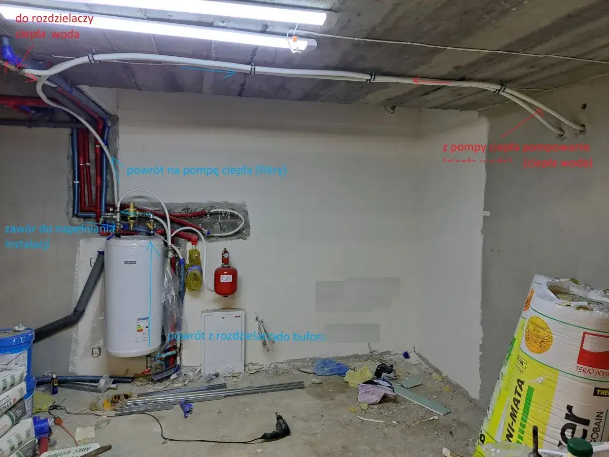Instalacja hydrauliczna z pompą ciepła, widoczny bojler i rury. Proces jak odpowietrzyć pompę ciepła jest kluczowy dla jej prawidłowego działania.
