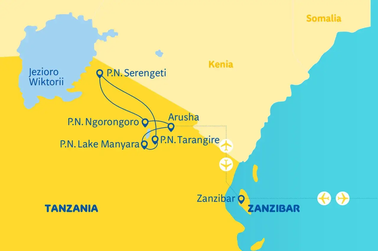 Mapa Tanzanii z trasą safari i lotami na Zanzibar. Zastanawiasz się, ile się leci na Zanzibar? Mapa pokazuje lotniska i połączenia.