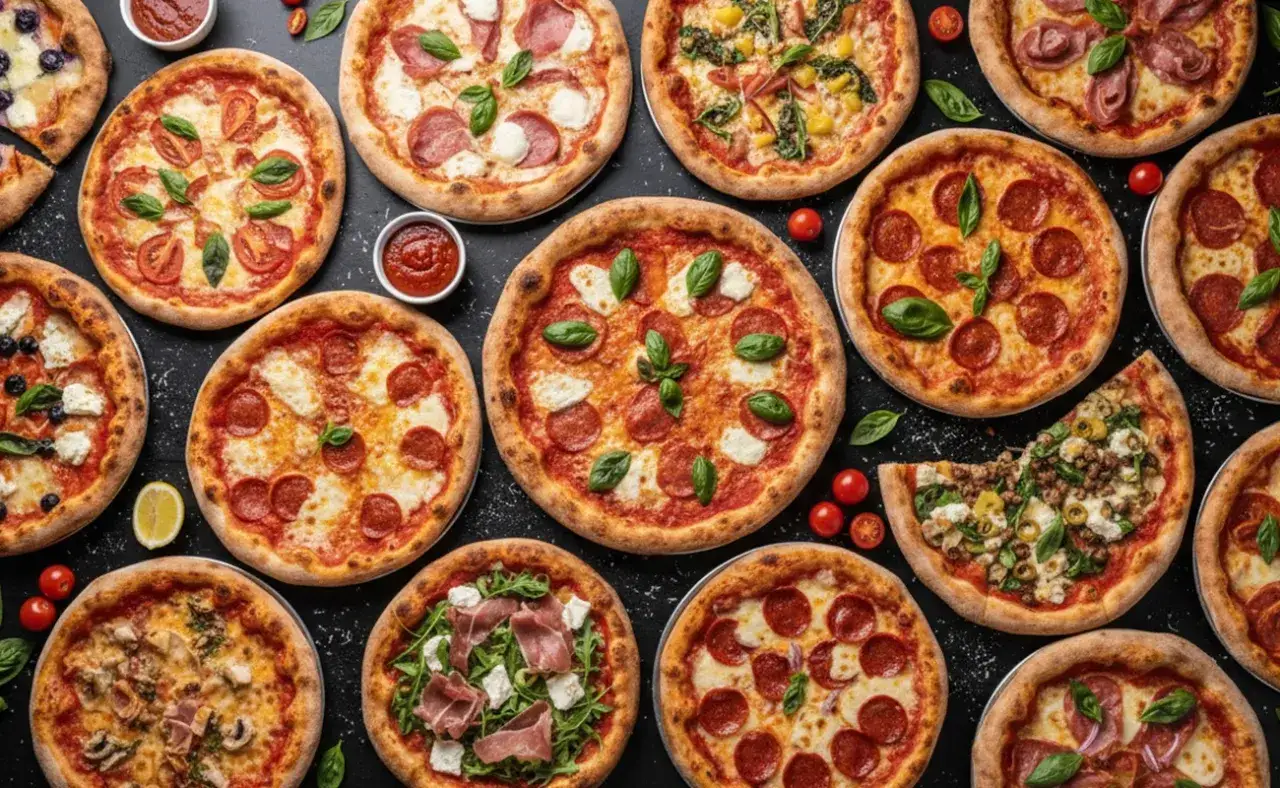 Mnóstwo pysznych pizz z różnymi dodatkami: pepperoni, szynka, ser, rukola i sos pomidorowy. Idealne na spotkanie z przyjaciółmi.
