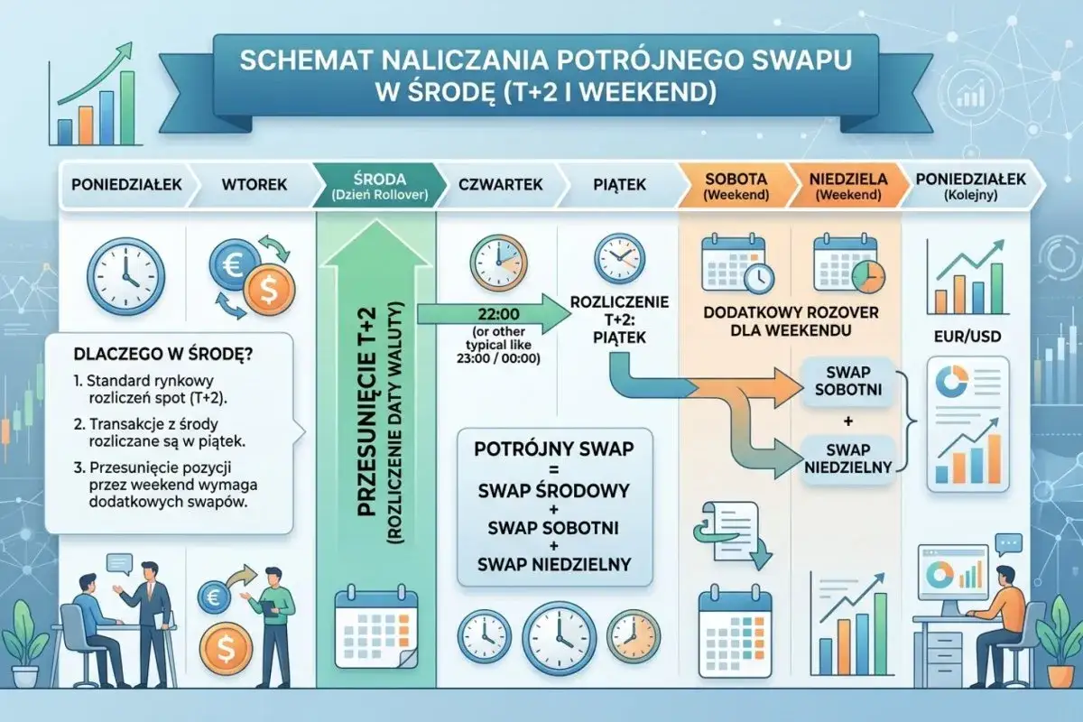 Schemat potrójnego swapu w środę: rozliczenie T+2 w piątek, swap środowy, sobotni i niedzielny. Dodatkowy rollover dla weekendu.
