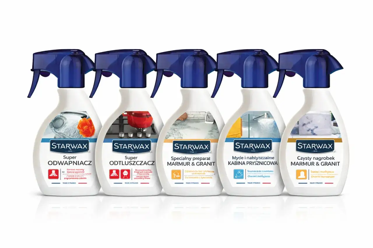 Odkryj sekrety utrzymania czystości w łazience przy bardzo twardej wodzie z produktami Starwax: odkamieniacz, odtłuszczacz, preparat do marmuru i granitu, płyn do kabin prysznicowych i nabłyszczacz.