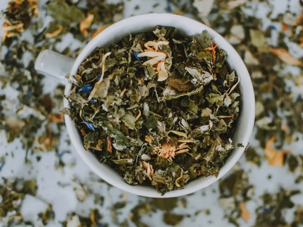 Biała filiżanka wypełniona suszonymi ziołami, gotowa na aromatyczny wywar z ziół. Wśród zielonych liści widać niebieskie i pomarańczowe płatki kwiatów.