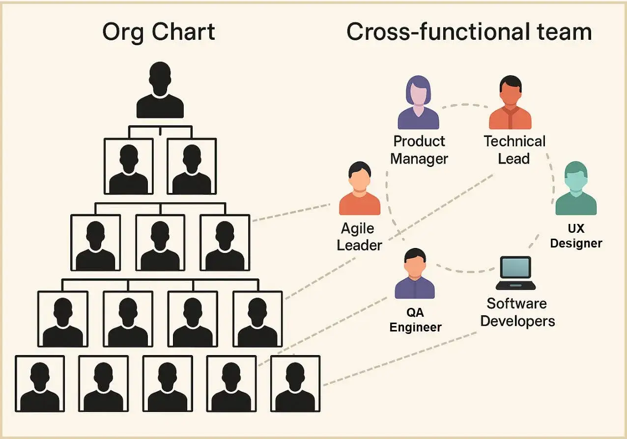 Visual comparison of a traditional org chart with a cross-functional team, illustrating different approaches to organizational management.