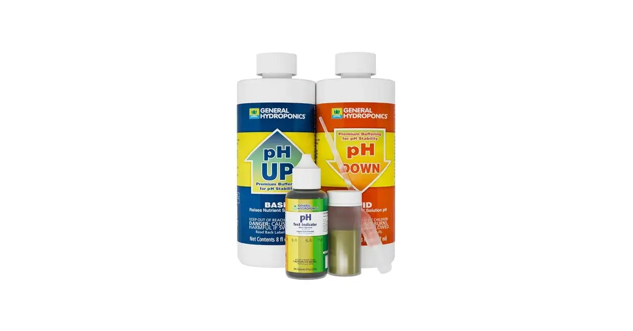 Kit per il controllo del pH, essenziale per la coltivazione di cannabis. Include pH Up, pH Down e test kit.