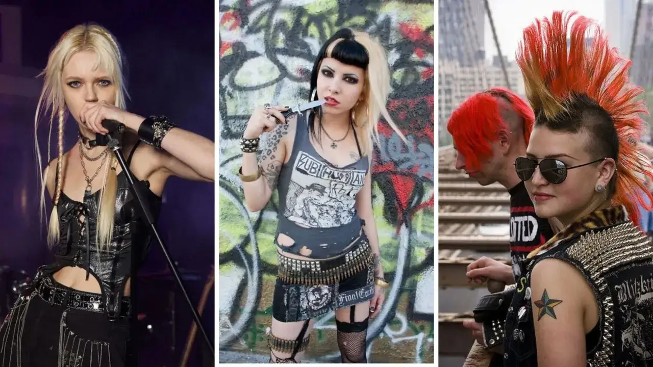 Trzy kobiety w stylu punk: wokalistka z mikrofonem, dziewczyna z nożem i irokezem.