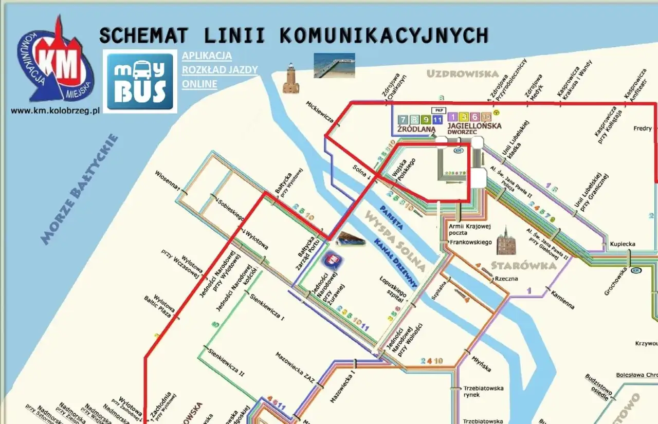 Schemat linii komunikacyjnych Kołobrzegu. Sprawdź, jak dojechać do celu, korzystając z mapy z zaznaczonymi przystankami i trasami autobusów.