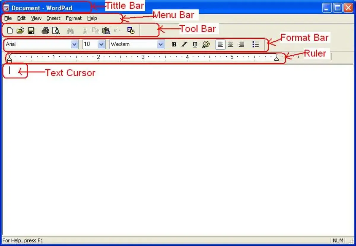 Okno programu WordPad z paskiem tytułowym, menu, narzędzi i formatowania. Kursor tekstowy miga, gotowy do pisania.