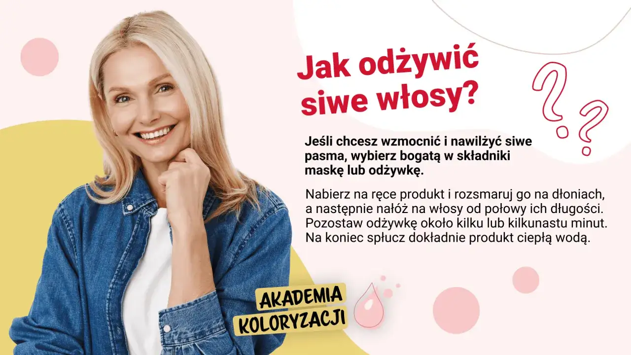 Uśmiechnięta blondynka z siwymi włosami. Porady, jak dbać o siwe włosy, wzmocnić je i nawilżyć.