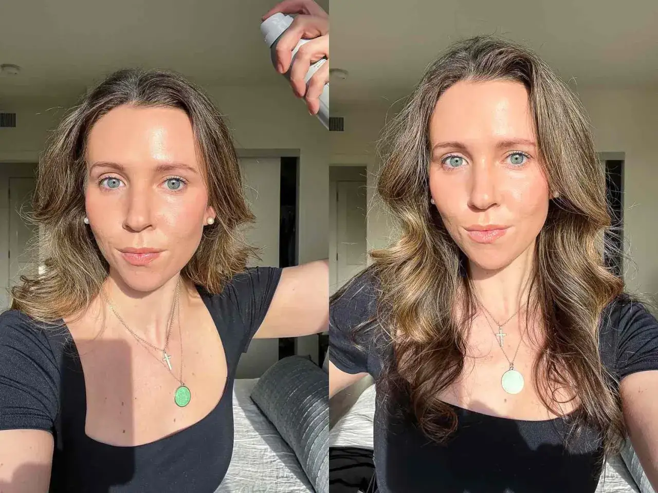 Frau mit voluminösem Haar, das mit einem Produkt für dünnes Haar gestylt wurde.