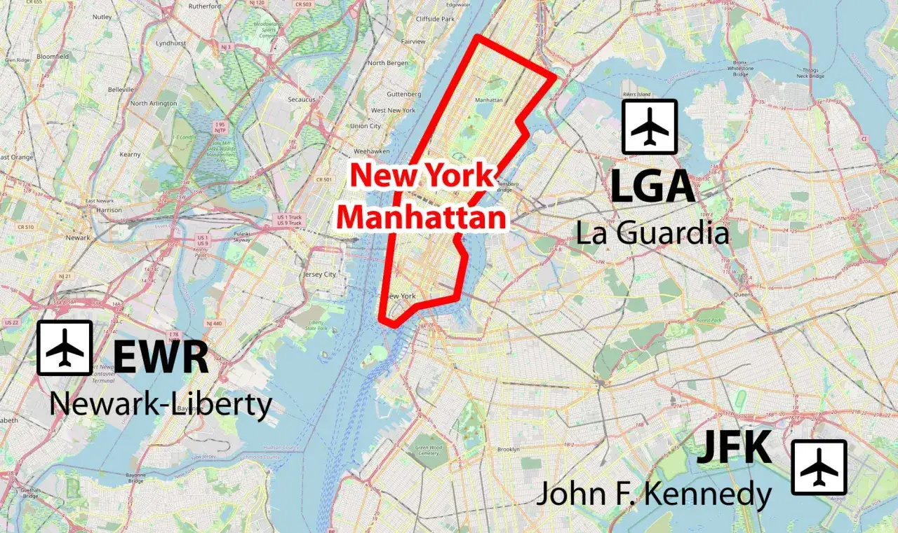 Mapa pokazuje lotniska LGA, EWR i JFK w pobliżu Nowego Jorku. Zastanawiasz się, ile km do Nowego Jorku?