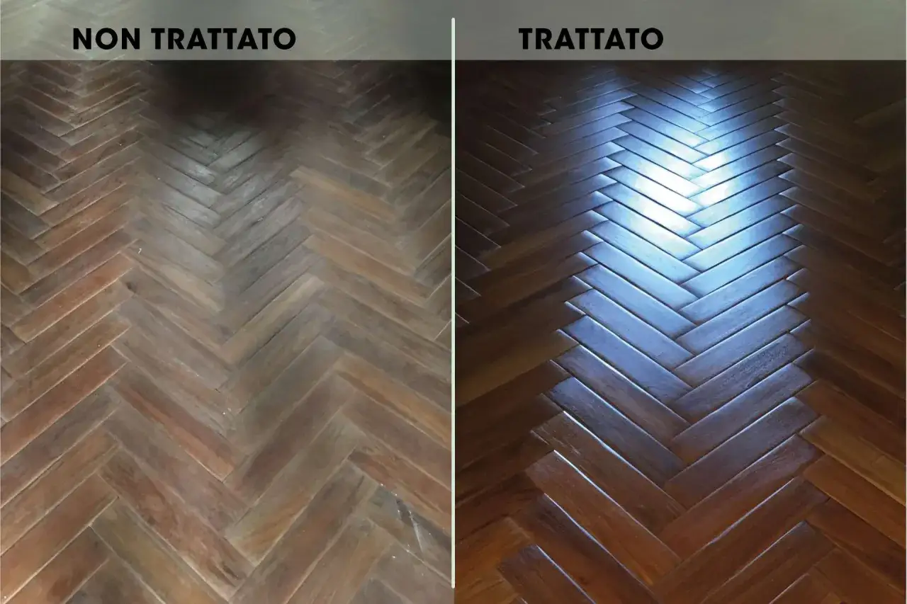 Parquet a spina di pesce: confronto tra legno non trattato e legno con finitura a cera dopo impregnante, che appare lucido e profondo.