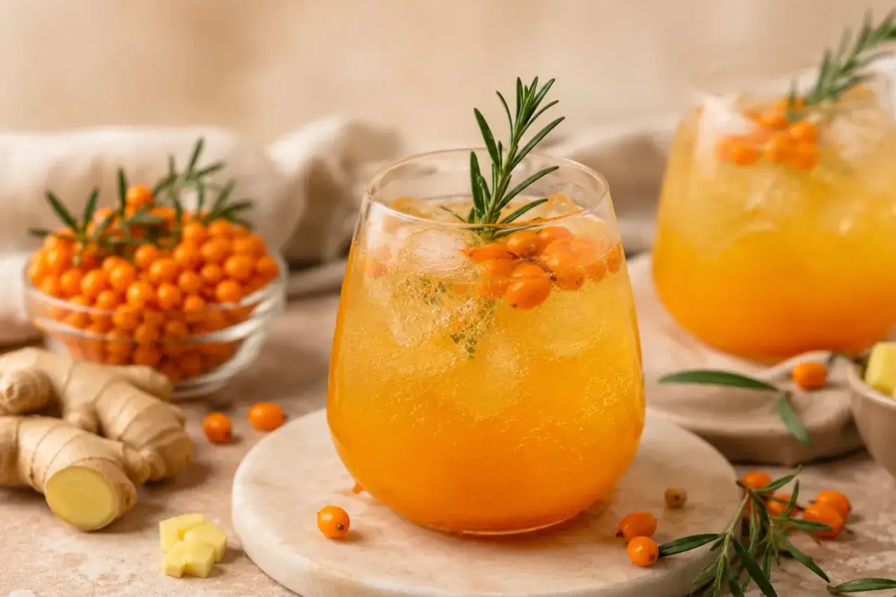 Erfrischender Sanddorn Spritz mit Eis, Sanddornbeeren und Rosmarin. Daneben Ingwer und weitere Beeren.